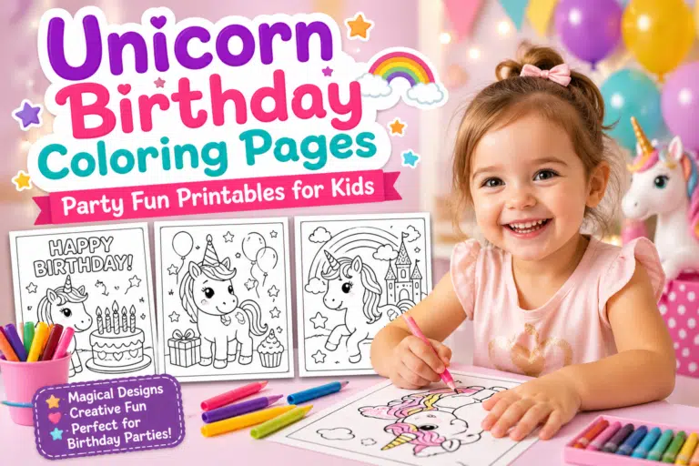 Smiling little girl coloring a unicorn birthday page at a colorful party table with balloons and crayons.