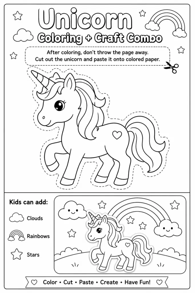 Unicorn coloring page with cut-out craft activity, dashed lines, and clouds, rainbows, and stars.