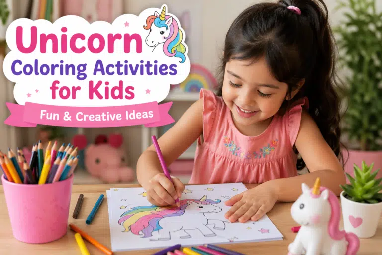 Baby girl coloring a unicorn page at a table with crayons – fun unicorn coloring activities for kids