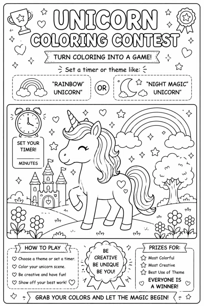 Unicorn coloring contest printable page with timer, theme options, and large unicorn scene.