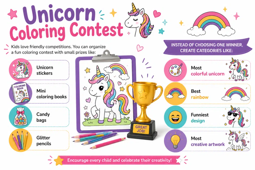Unicorn coloring contest infographic with prizes, categories, and kids’ coloring activity elements on a white background.