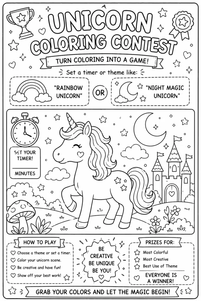 Kids unicorn coloring contest activity page with themes, instructions, and decorative elements.