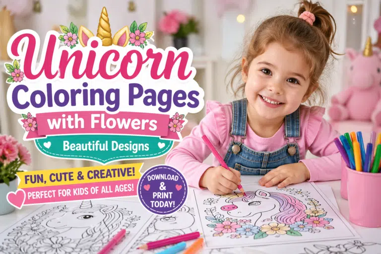 Baby girl smiling while coloring unicorn pages with flowers, surrounded by colorful markers and a bright, playful setup.