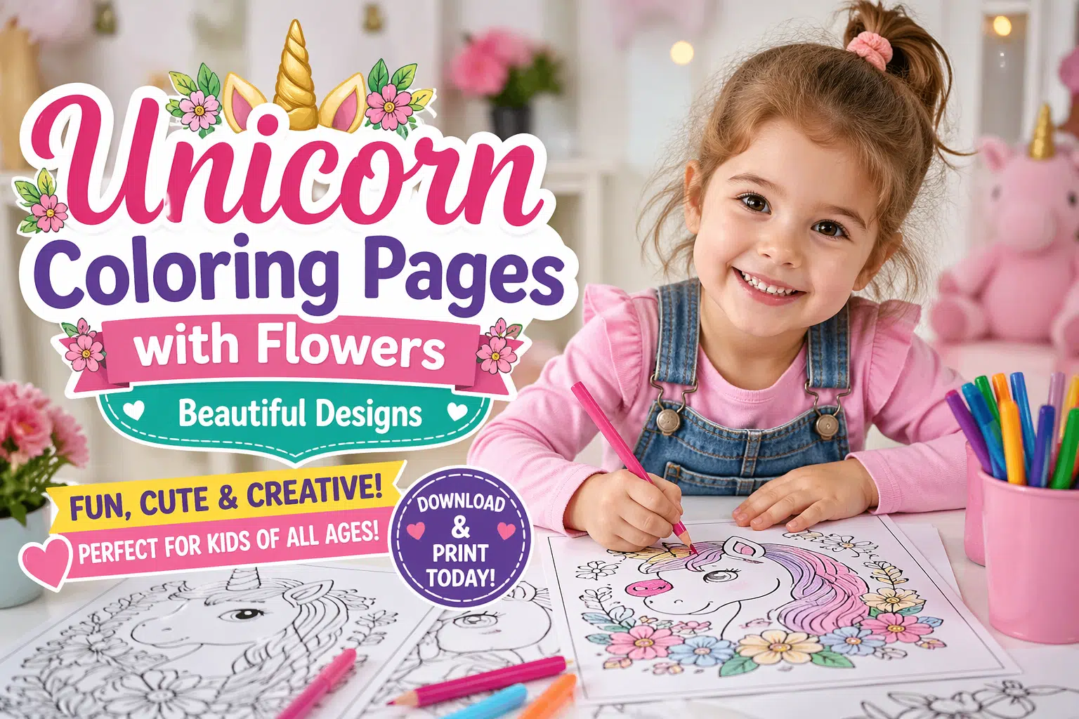 Baby girl smiling while coloring unicorn pages with flowers, surrounded by colorful markers and a bright, playful setup.