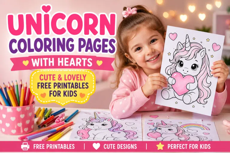 Cute baby girl holding unicorn coloring page with hearts, colorful pencils, and “free printable unicorn coloring pages for kids.