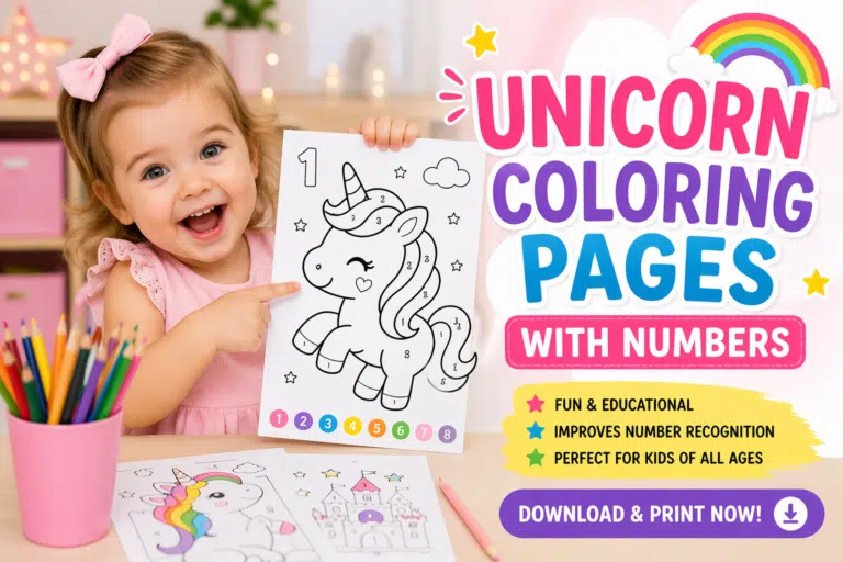 Baby girl holding unicorn color-by-numbers coloring page, smiling with colorful pencils, “Unicorn Coloring Pages with Numbers” text.