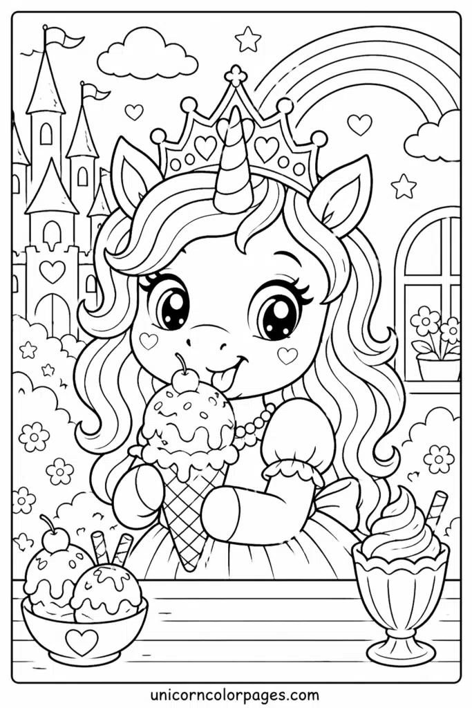 Princess unicorn eating ice cream coloring page with castle and rainbow