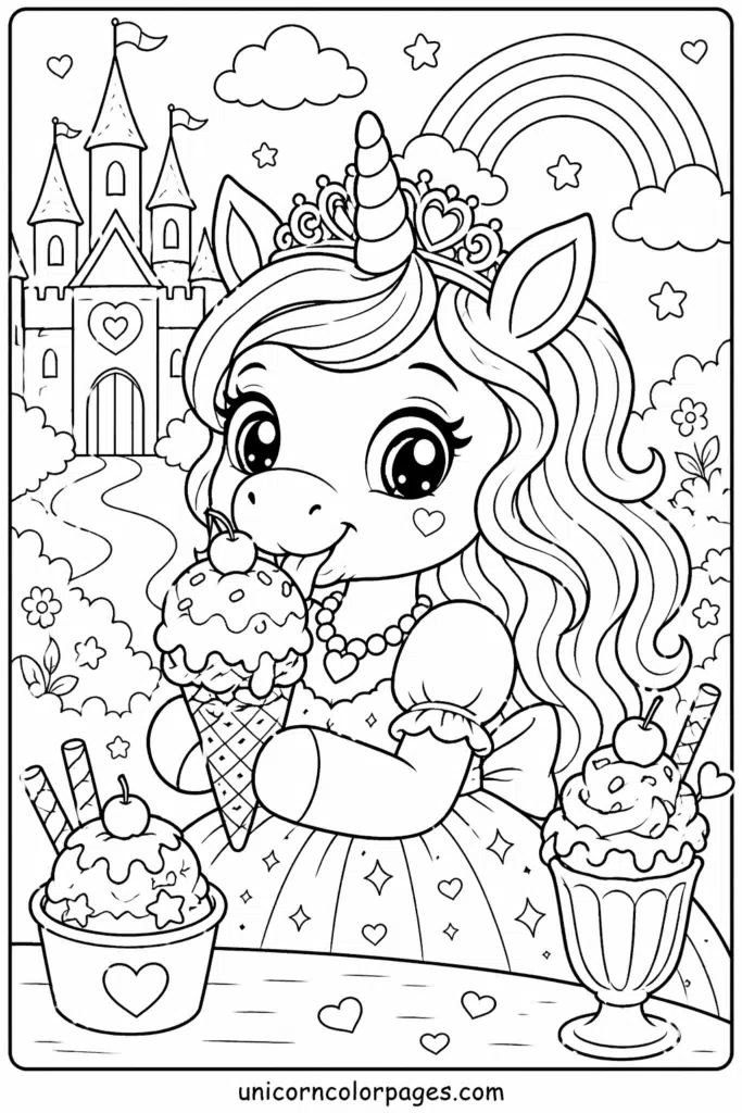Unicorn princess holding ice cream cone coloring page with fantasy background