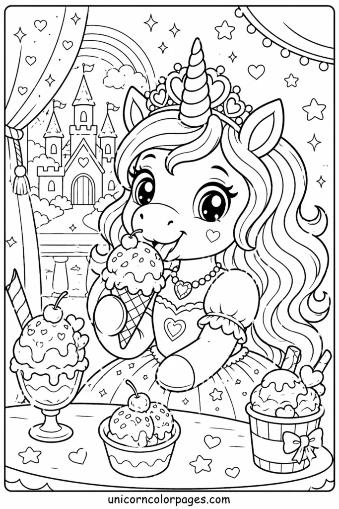 Princess unicorn ice cream coloring page with dessert table and castle scene