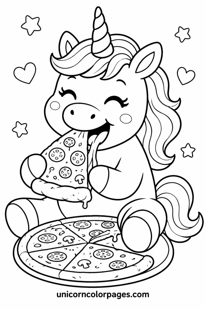 Unicorn eating pizza coloring page printable with cute funny design for kids