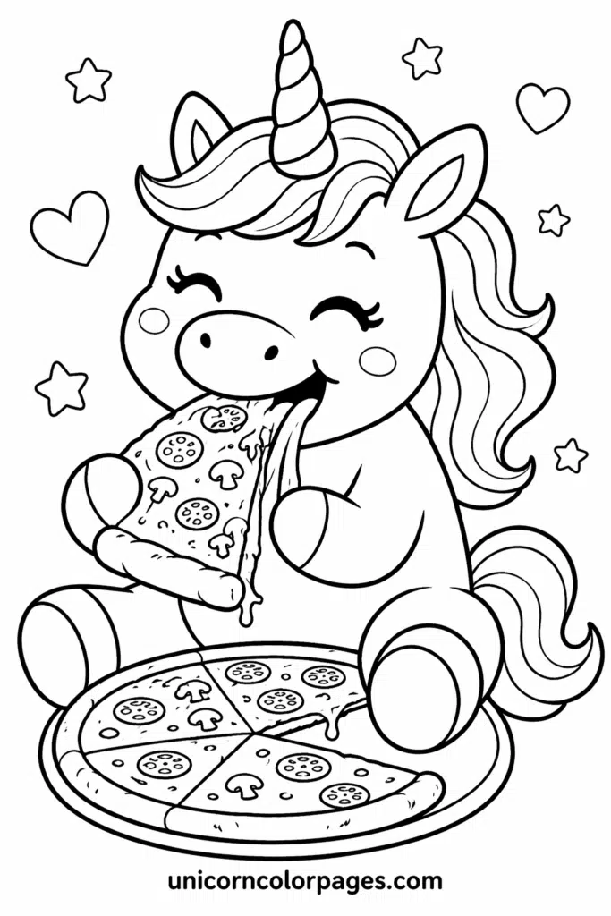 Cute unicorn eating a cheesy pizza slice with stars and hearts coloring page for kids