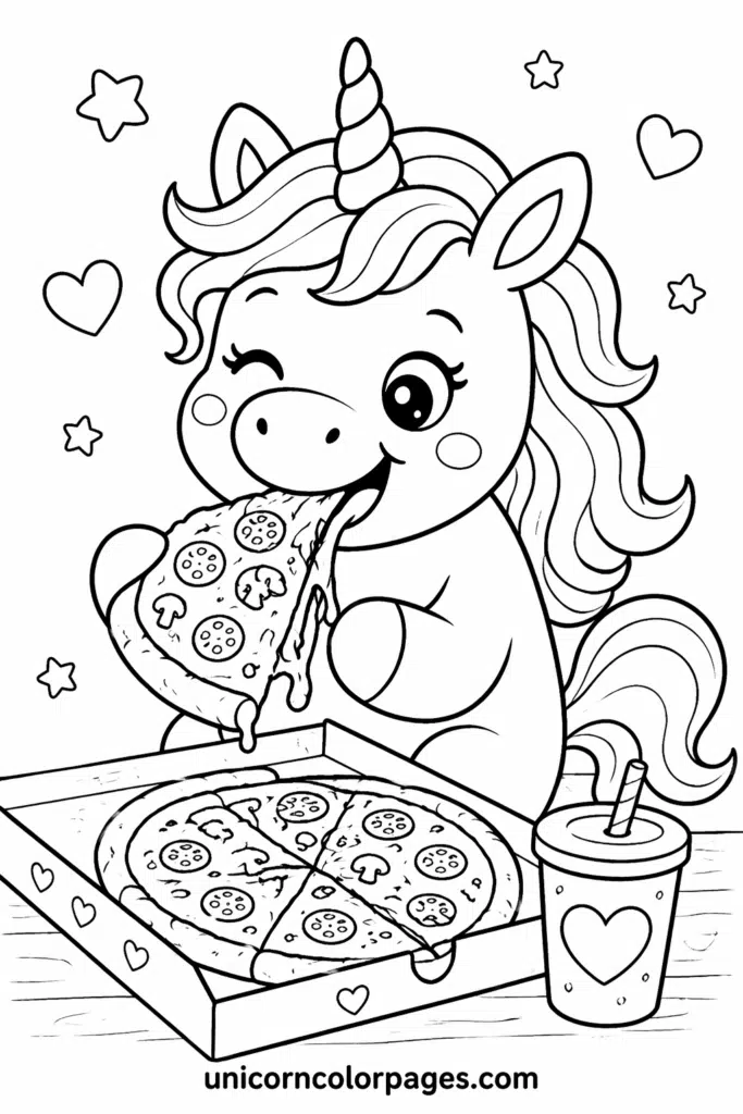 Kawaii unicorn eating pizza from a pizza box with drink cup coloring page