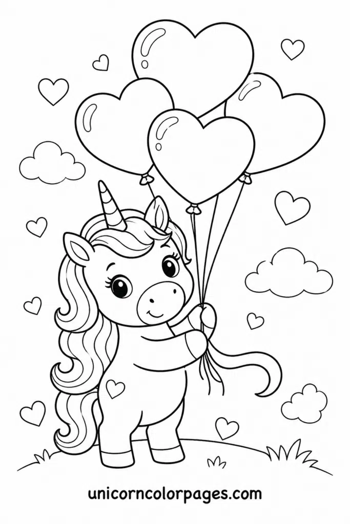 Cute unicorn holding heart-shaped balloons with clouds and hearts coloring page.