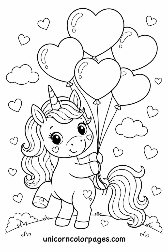 Baby unicorn with heart balloons and playful background coloring page.