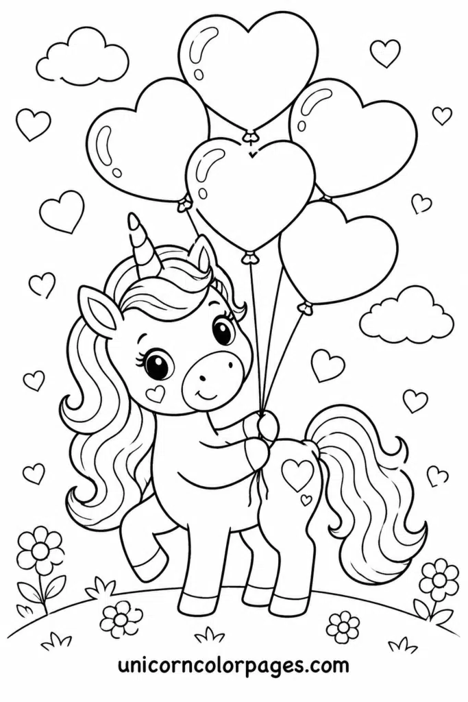 Unicorn holding love balloons with flowers and hearts coloring page.