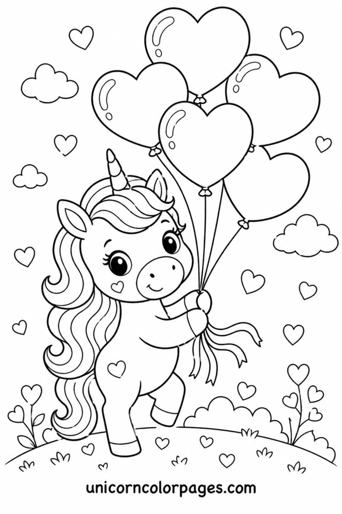 Cute unicorn with heart balloons Valentine-themed coloring page.