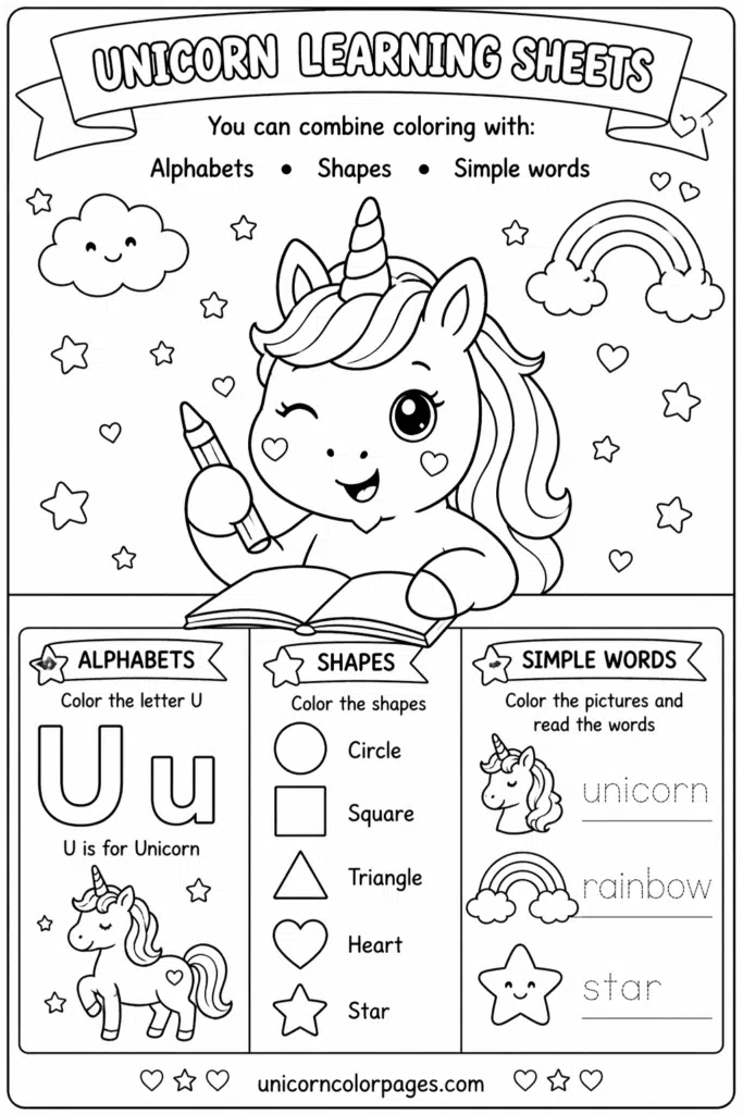 Unicorn learning coloring page with alphabet, shapes, and simple words sections.