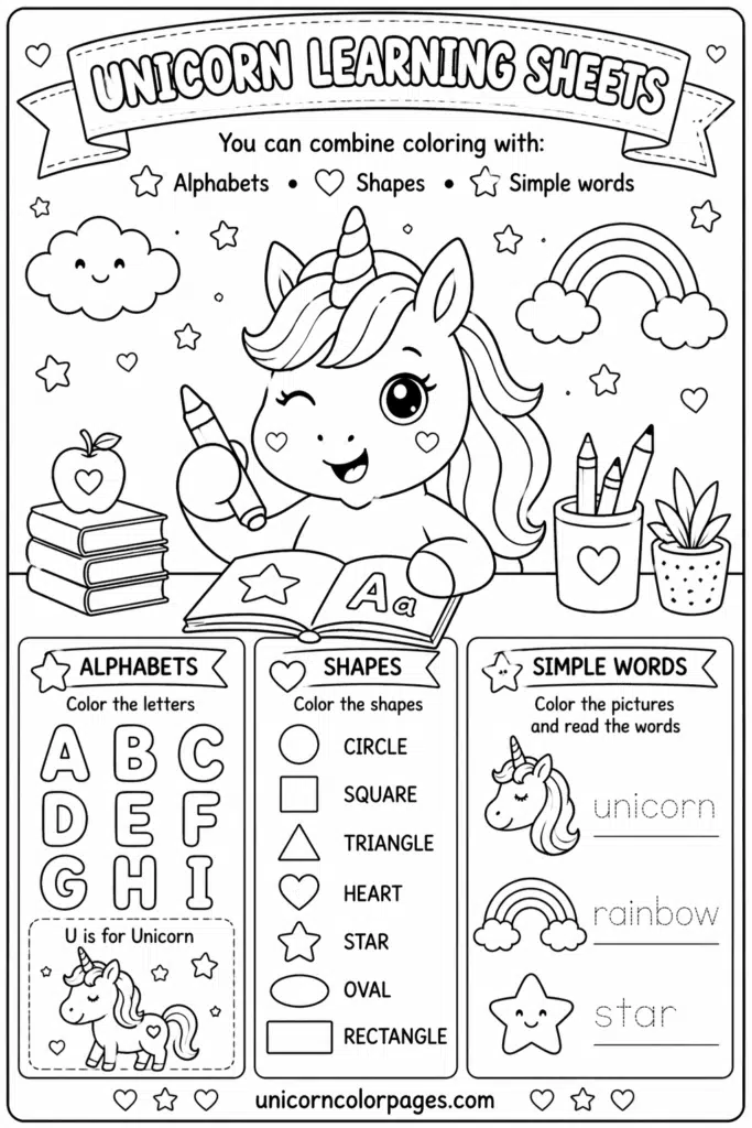 Educational unicorn coloring page with activities for alphabets, shapes, and word practice.