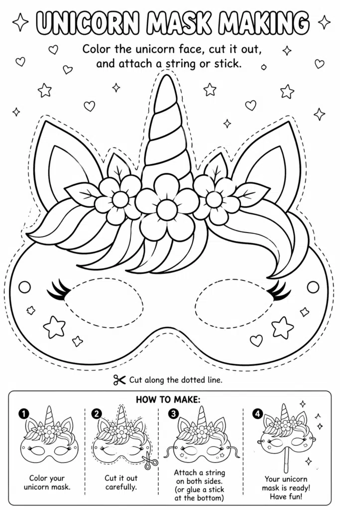 Printable unicorn mask coloring page with cut-out lines and simple craft instructions.