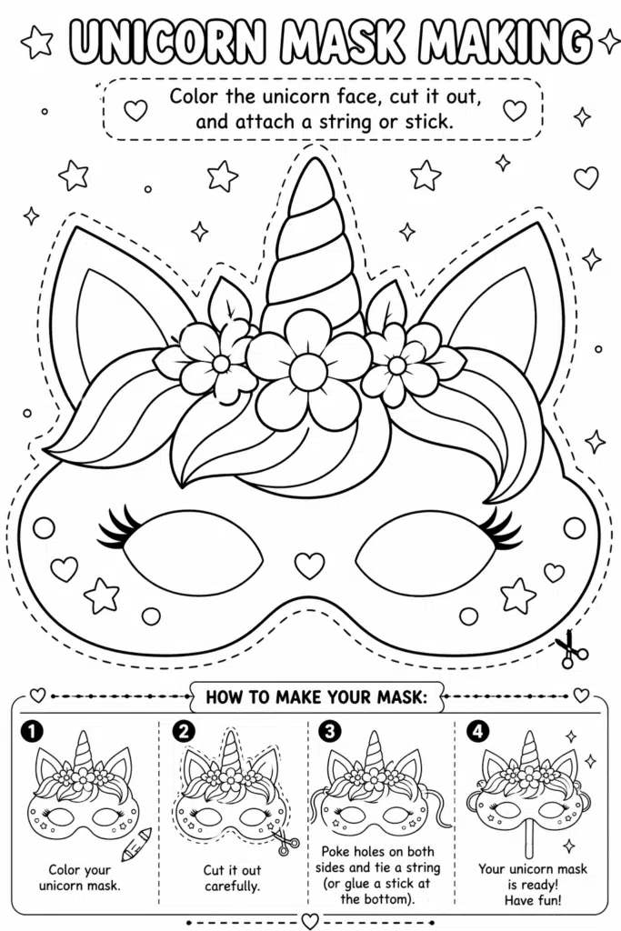 Unicorn face mask coloring sheet with decorative elements and step-by-step craft guide.