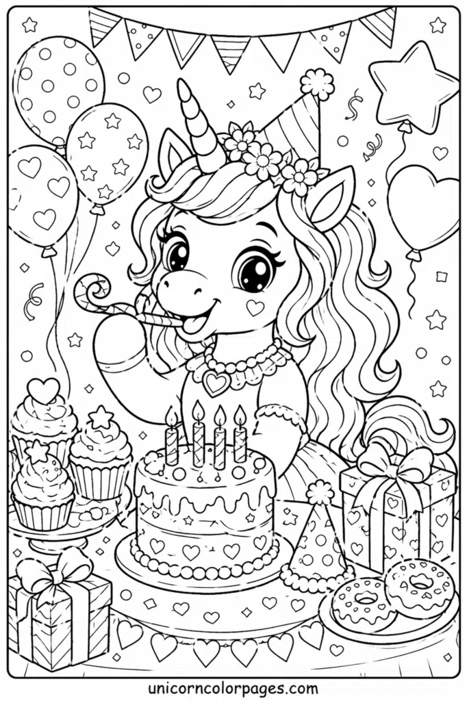 Unicorn birthday party coloring page with cake, balloons, and gifts.