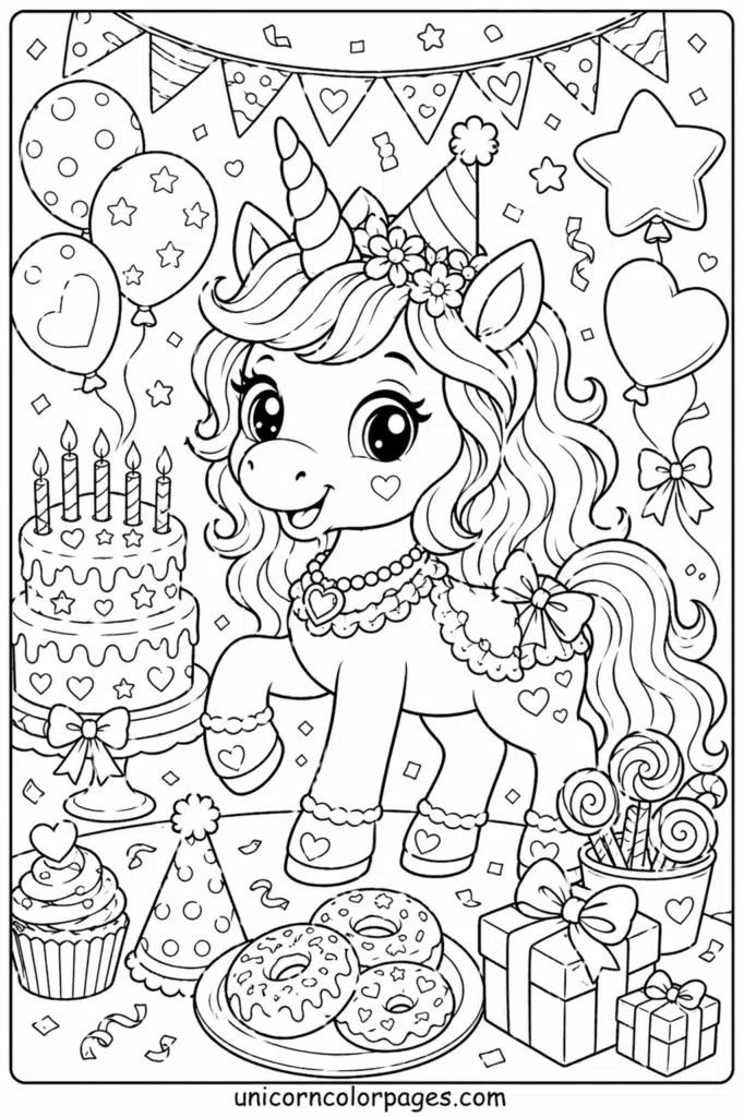 Standing unicorn at party with cake, presents, and sweets coloring page.