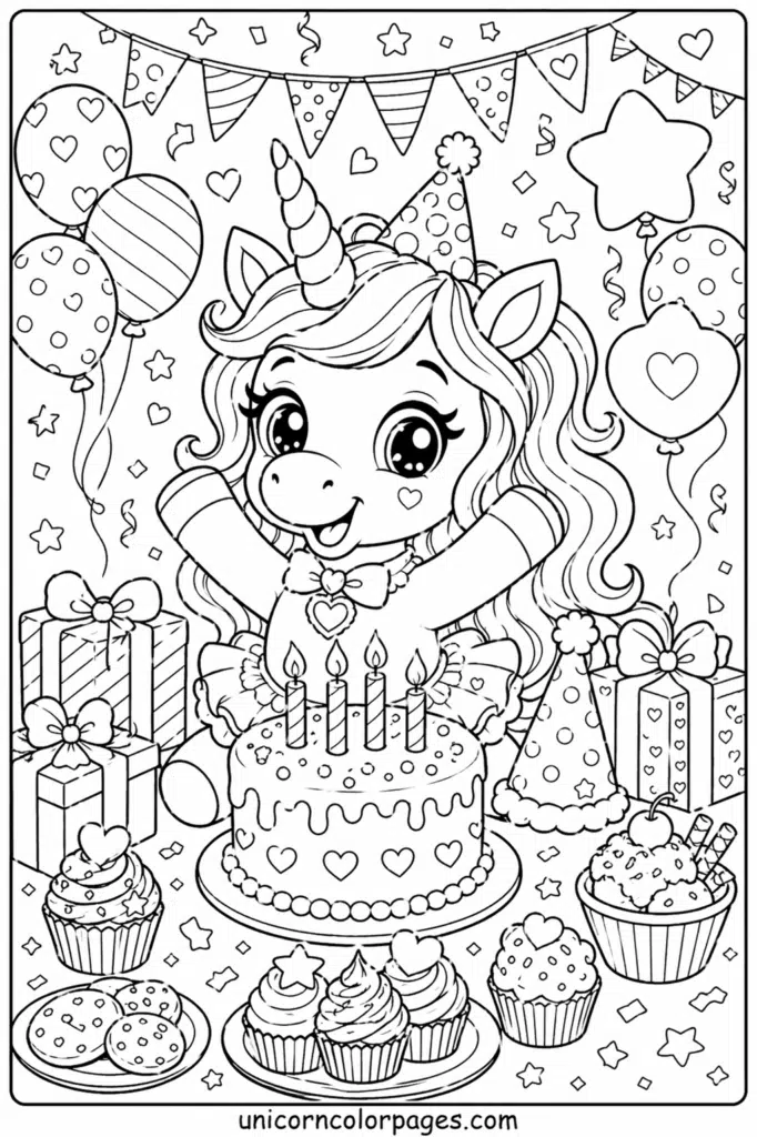 Happy unicorn with birthday cake and cupcakes party coloring page.