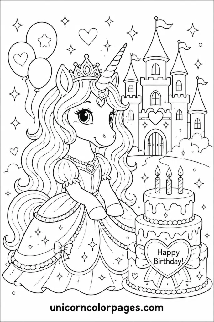 Unicorn princess birthday coloring page with castle, cake, balloons, and sparkles