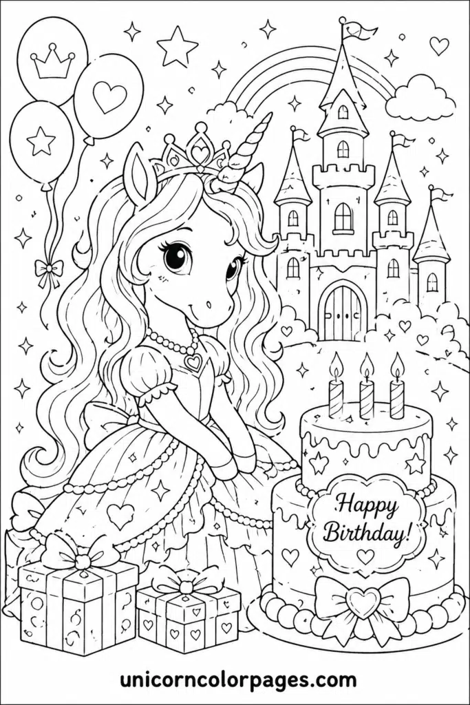 Princess unicorn birthday scene coloring page with gifts, cake, and castle
