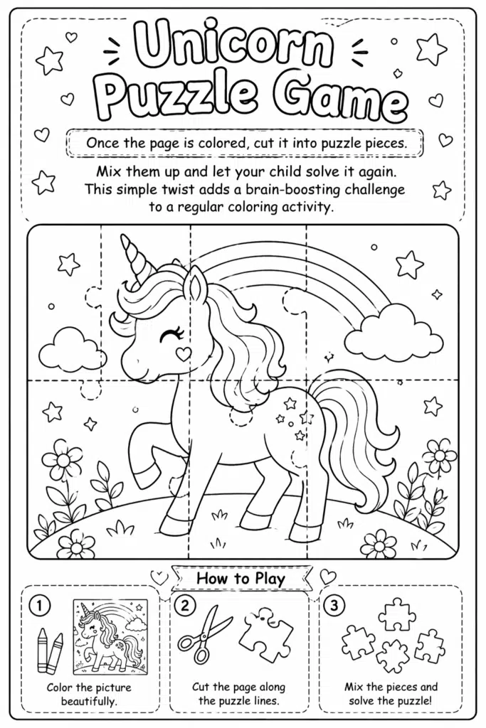 Unicorn puzzle coloring page with cut lines and simple game steps