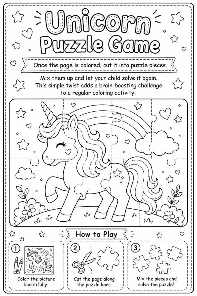 Kids unicorn puzzle game coloring sheet with fun instructions