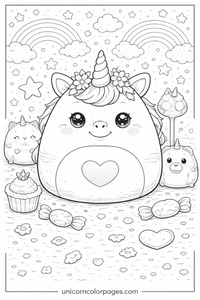 unicorn squishmallow coloring page printable pdf cute squishy unicorn plush with rainbow stars and sweets for kids