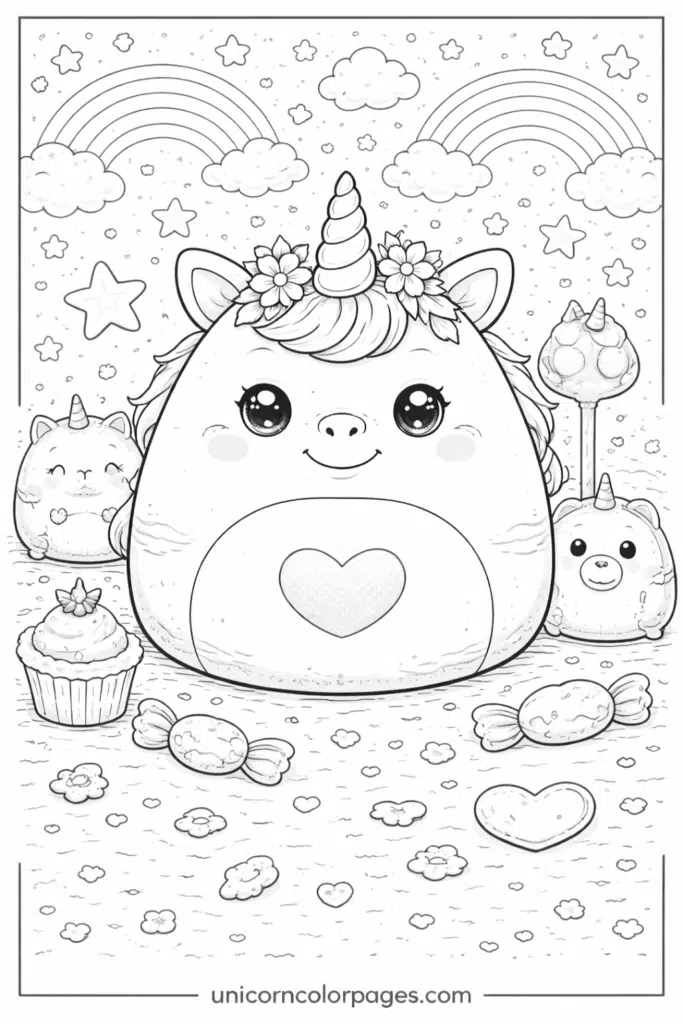 unicorn squishmallow coloring page printable pdf cute squishy unicorn plush with rainbow stars and sweets for kids