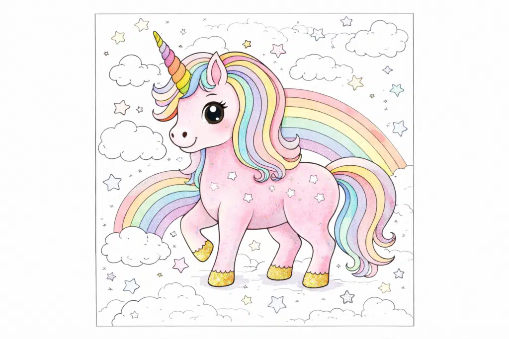 Unicorn coloring page with rainbow horn, shiny black eyes, and glitter-style hooves in a cute pastel design.