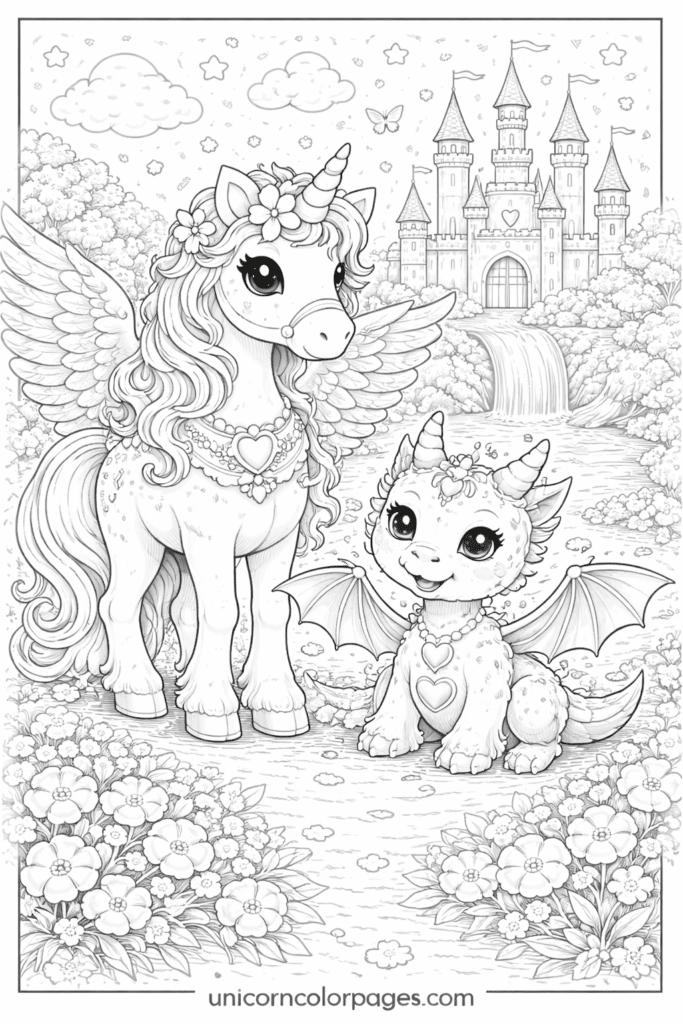 unicorn dragon coloring page printable pdf cute unicorn dragon hybrid with wings magic stars castle unicorncolorpages.com