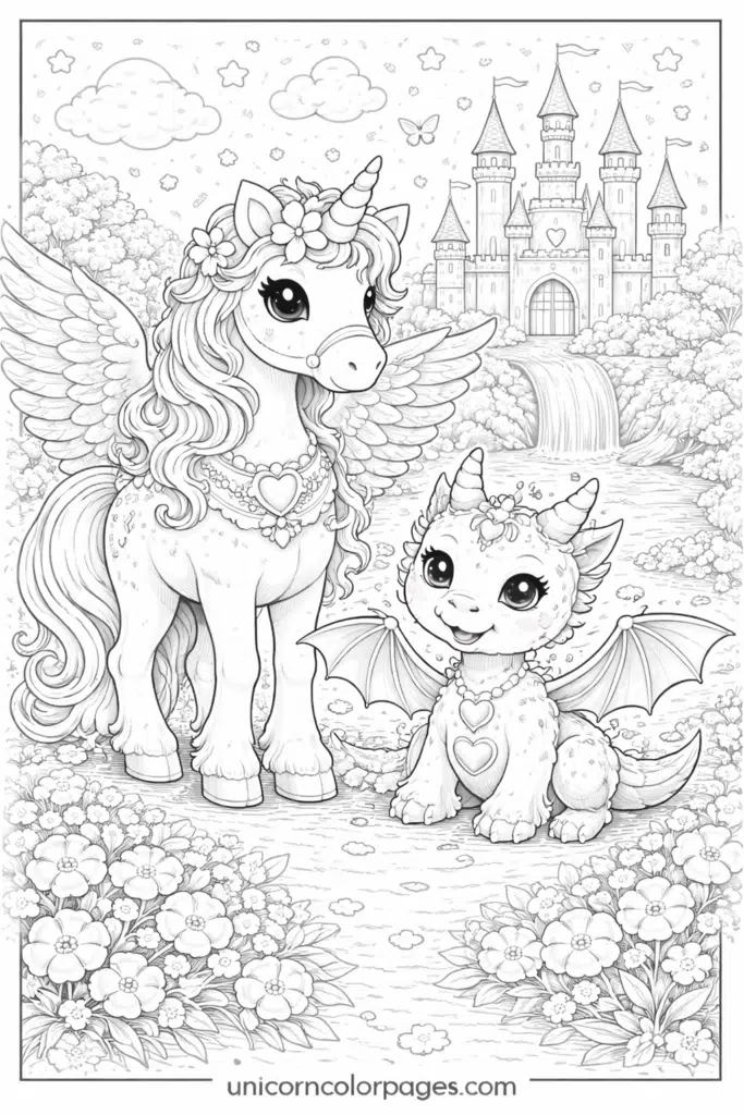 unicorn dragon coloring page printable pdf cute unicorn dragon hybrid with wings magic stars castle unicorncolorpages.com