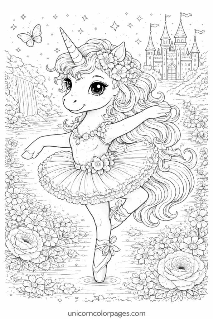unicorn ballerina coloring page printable unicorn dancing in magical garden with flowers butterflies and stars unicorncolorpages.com