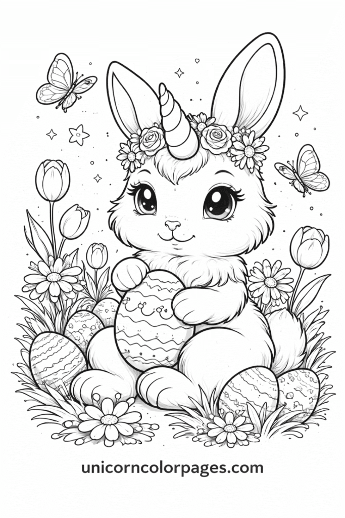 Unicorn bunny coloring page printable with cute rabbit unicorn, stars and hearts for kids