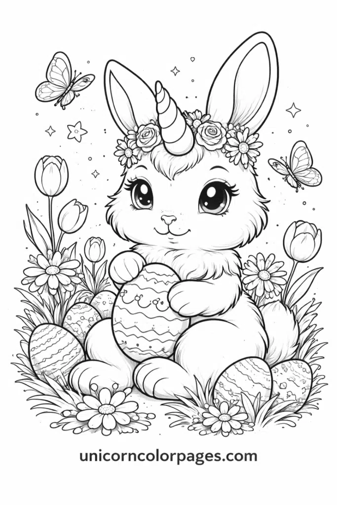 Unicorn bunny coloring page printable with cute rabbit unicorn, stars and hearts for kids