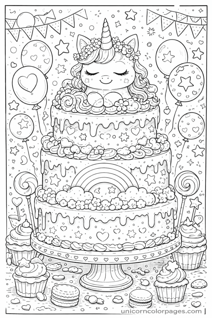 unicorn cake coloring page printable pdf cute unicorn cake with flowers rainbow and sweets for kids