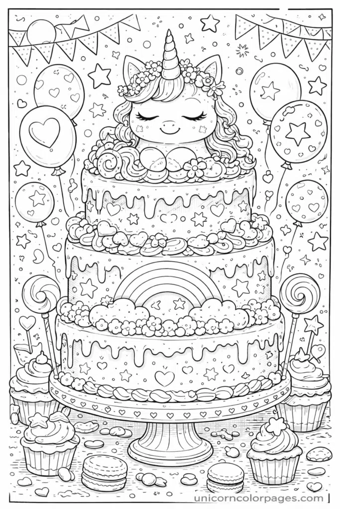 unicorn cake coloring page printable pdf cute unicorn cake with flowers rainbow and sweets for kids