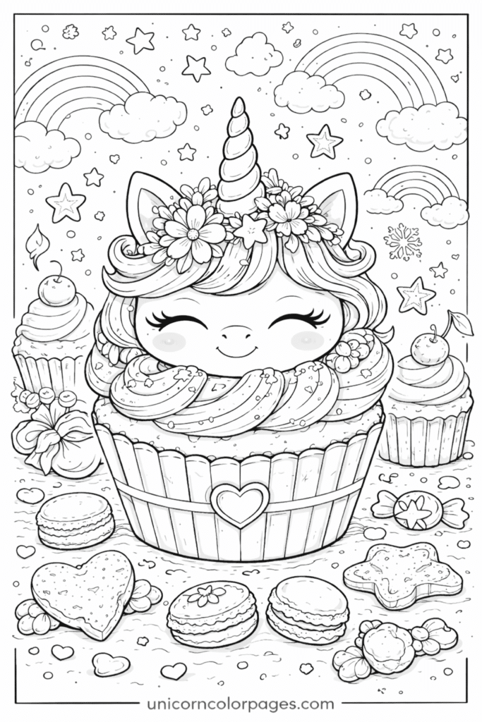 Unicorn cupcake wonderland coloring page