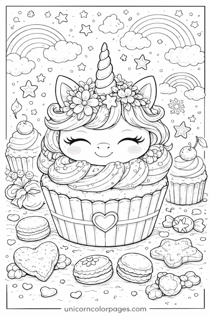 Unicorn cupcake wonderland coloring page