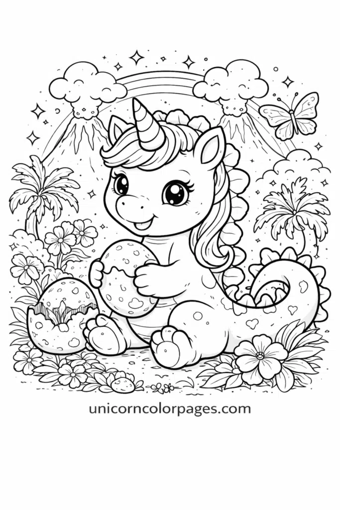 Unicorn dinosaur coloring page printable with cute dino unicorn, horn and spikes, stars and clouds for kids