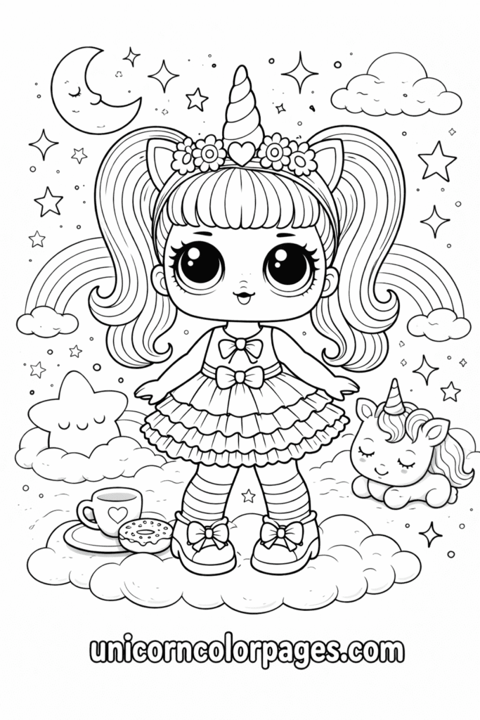 LOL surprise doll unicorn coloring page black and white cute printable for kids