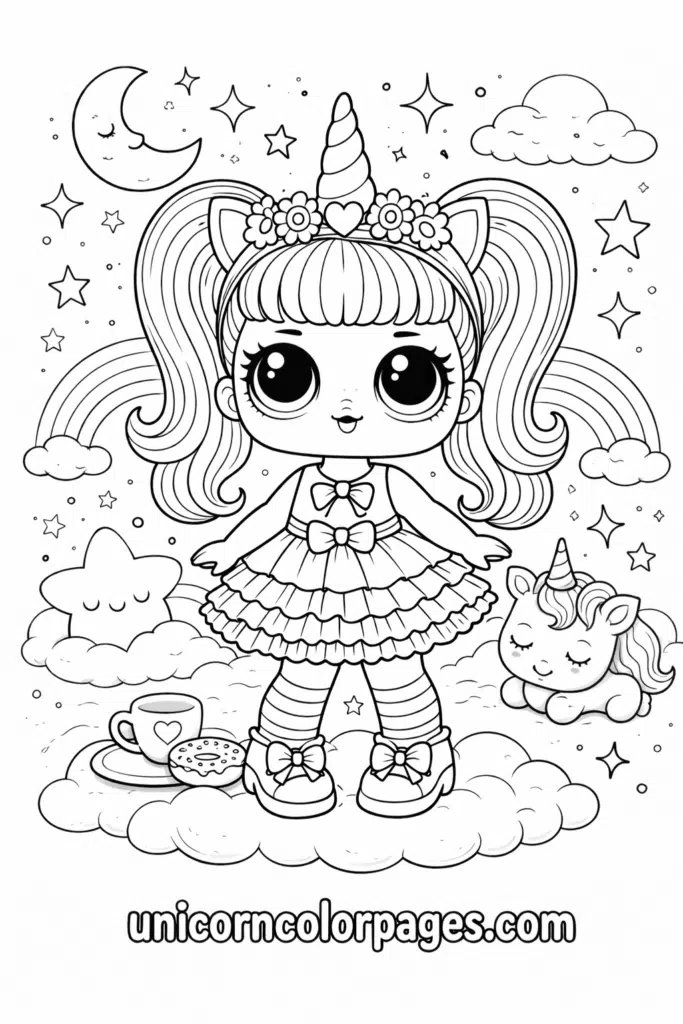LOL surprise doll unicorn coloring page black and white cute printable for kids