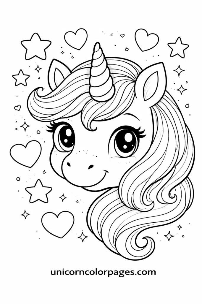 Unicorn face coloring page with big eyes, flowing hair, stars and hearts – printable unicorn face coloring page for kids