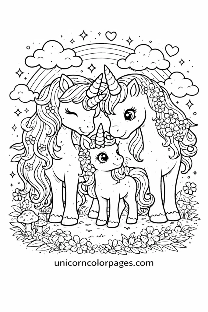 Unicorn family coloring page printable with mother, father and baby unicorn, stars and hearts for kids