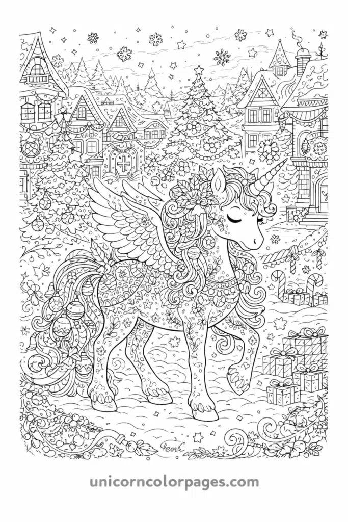 Unicorn in detailed Christmas village scene with houses and decorations coloring page