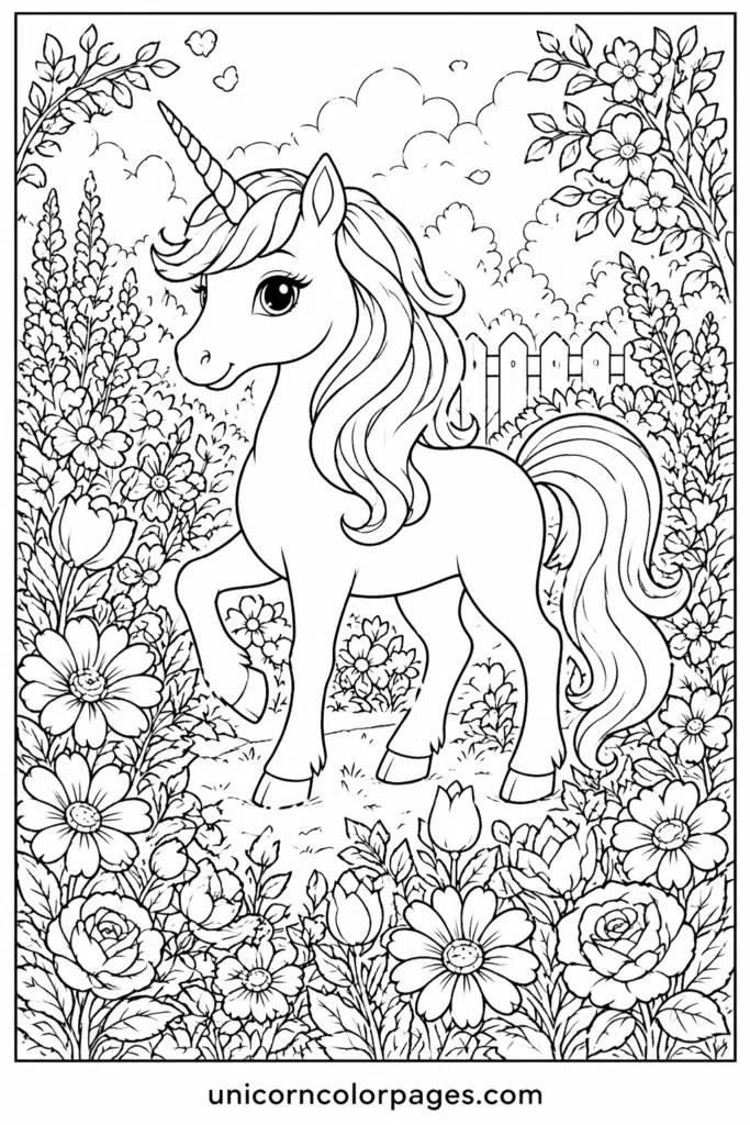 Unicorn garden coloring page with fence and flowers
